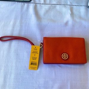 NWT Tory Burch Wristlet Phone Foldover Orange and Pink